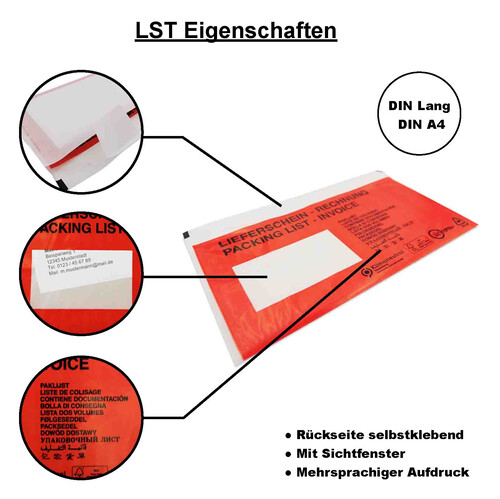 100 Lieferscheintaschen - Rot / Bedruckt (DIN LANG)